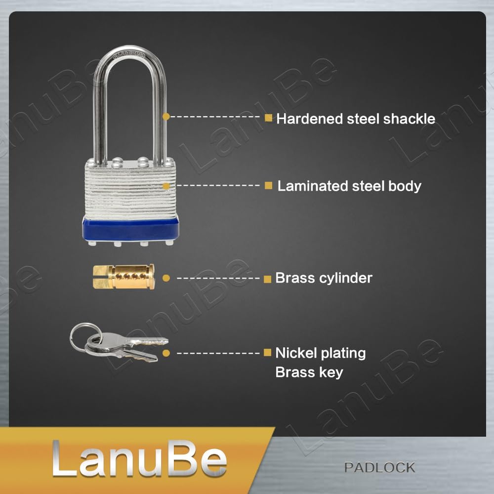 LanuBe Laminated Padlock 1-9/16inch (40mm) Long Shackle 48 Pack Keyed Alike, Blue Plastic Hoop, Bulk Locks for Warehouse, School