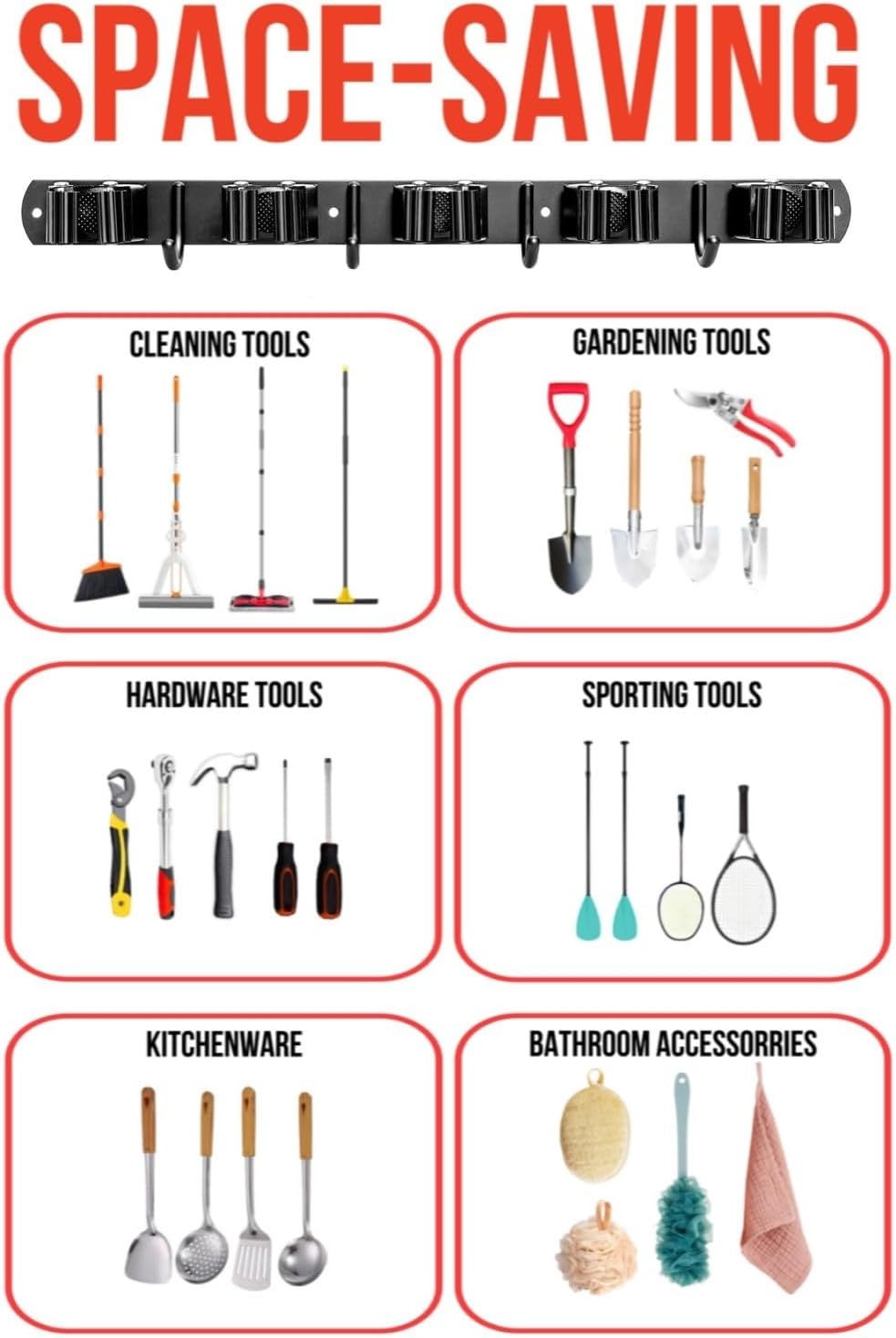 Mop and Broom Holder Wall Mount, Upgraded Broom Hanger Wall Mount, Stainless Steel Broom Organizer for Closet Garage Laundry Room Kitchen Wall Decor(5Racks 4Hooks Black)