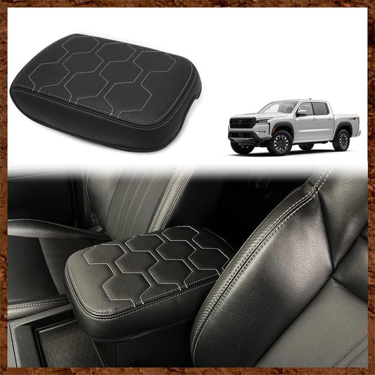 Muslogy for Frontier Center Console Pad Armrest Box Cover Vegan Leather Soft Accessories Armrest Lid Protector Compatible with Nissan Frontier 2022-2024 2025 (Regular Thick, V1 White Stitching)