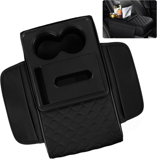 5 in 1 Car Armrest Storage Box for Center Console, Armrest Cushion Cover for Car with 2 Cup Holders Storage Bags, Tissue Box, Phone Slot, Premium Memory Foam with Nappa Leather, 14.2*7.9*2.8in (Black)