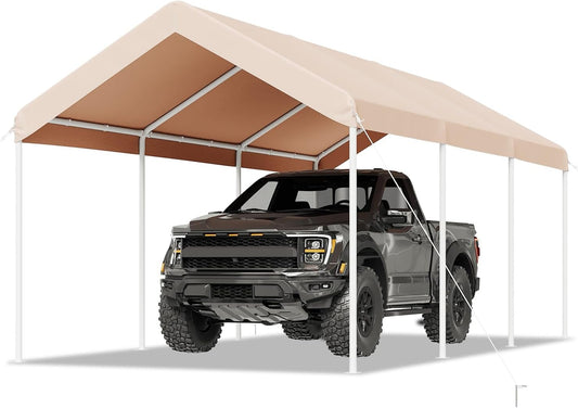 Aoxun 10x20 ft Heavy Duty Carport with Tarp & Wind Resistance Portable Carport Car Tent Outdoor Car Port with Tear Resistant Canopy, No Sidewall - Khaki