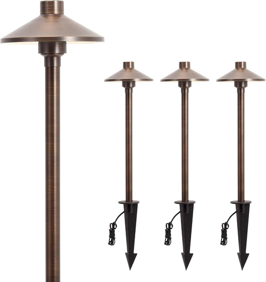 Gardencoin Solid Brass Low Voltage Pathway Lights (6.7'' Shade, 21.9'' Tall), 12V AC/DC Heavy Duty LED Landscape Path Lights Outdoor Wired, Antique Bronze Walkway Lights with Larger Stake, 4-Pack