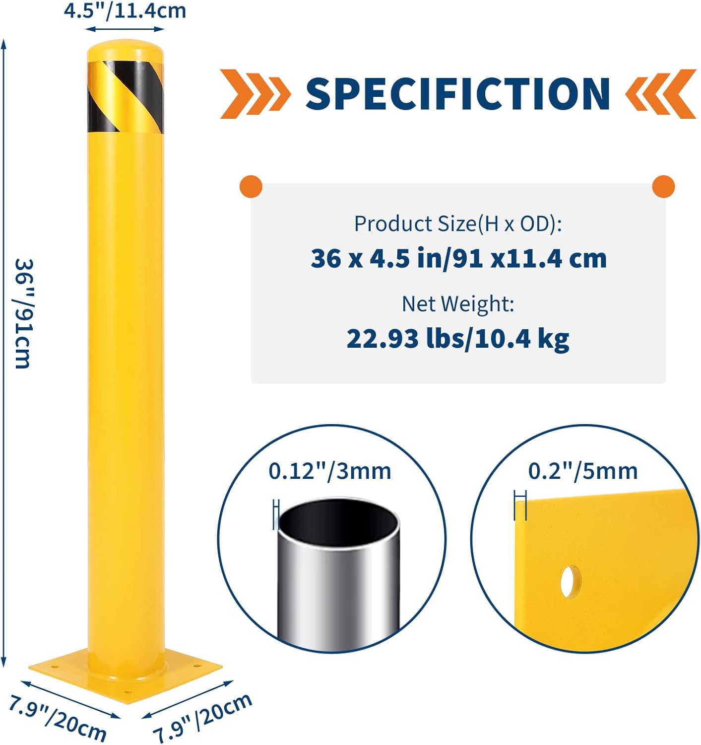 4.5x36 Inch Safety Bollard Post - Yellow Steel Bollard with Anchor Bolts (2-Pack) for Parking Lots, Walkways & Traffic Areas