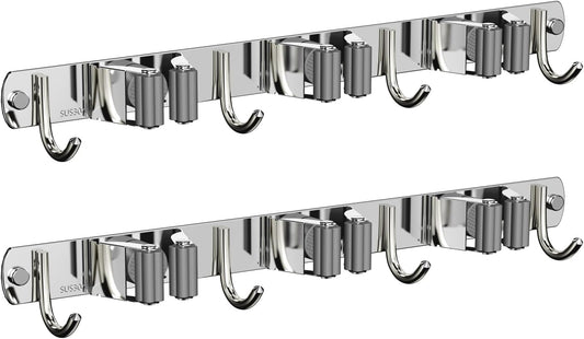 2 Pack Mop and Broom Holder Wall Mount, Non-slip Broom Hanger, Heavy Duty Mop Broom Organizer for Kitchen Garden Garage Laundry Room Wall Decor Organization and Storage Silver 3R4H