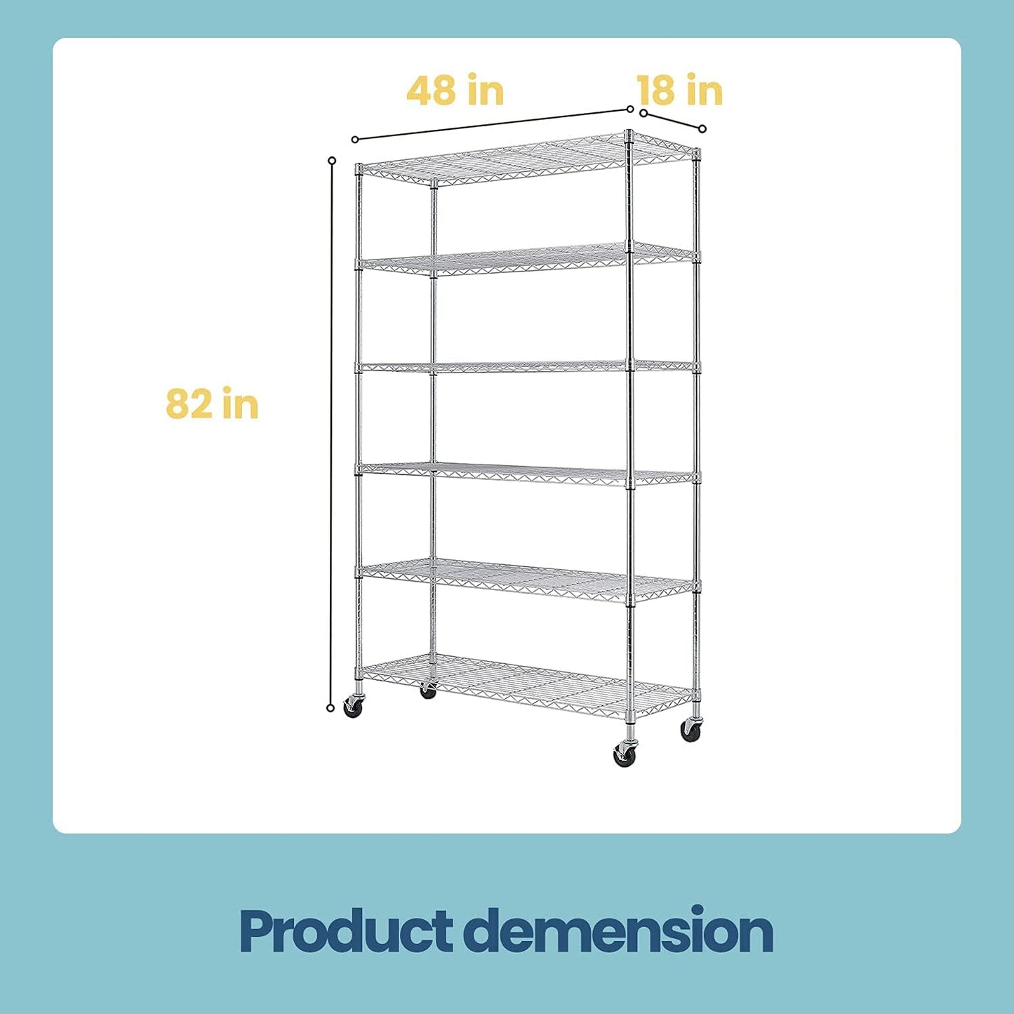 48" D×18" W×82" H Wire Shelving Unit Metal Shelf with 6 Tier Casters Adjustable Layer Rack Strong Steel for Commercial Restaurant Garage Pantry Kitchen Garage，Chrome