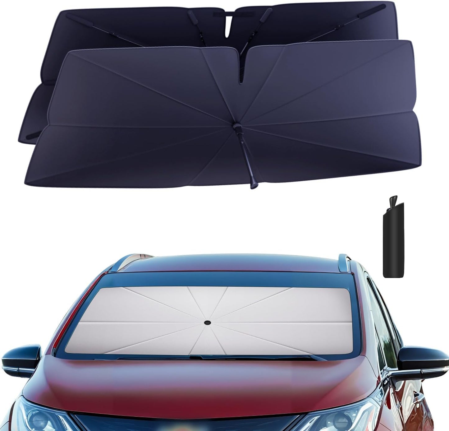 Windshield Sun Shade Umbrella Compatible with 2017-2024 Chevy Bolt EV Accessories: Custom Fit 240T Silver, Double Thickened, Foldable Window Sunshade, Ultimate 99% UV Blocking for LT, Premier