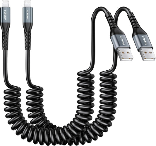 SUNGUY Coiled USB to Lightning Cable for Car, 2-Pack 3FT [MFi Certified] Retractable iPhone Charger Cable, Fast Charging CarPlay Cable for iPhone 14/13/12/11 Pro Max/XS MAX/XR/XS/iPad/iPod
