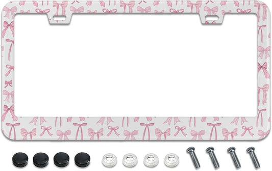 License Plate Frame for Pink Bow Stainless Steel License Plate Frames Holder Covers Rust-Proof Auto Parts Decoration with Screws License Plate Holder for Car Accessories 12x6 Inch