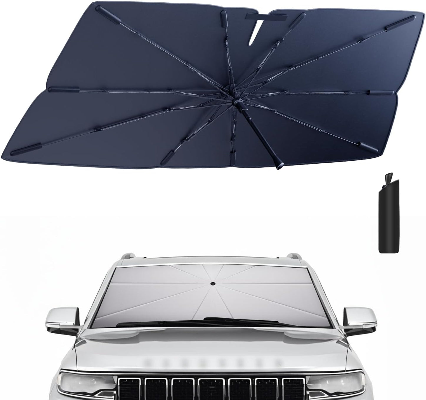 Windshield Sun Shade Umbrella for 2022-2025 Jeep Wagoneer Accessories: Custom Fit 210T Silver, Foldable Sunshade Front Window Sun Visor, Blocks UV Rays Keep Car Cool for Series I/II/III/Grand Wagoneer
