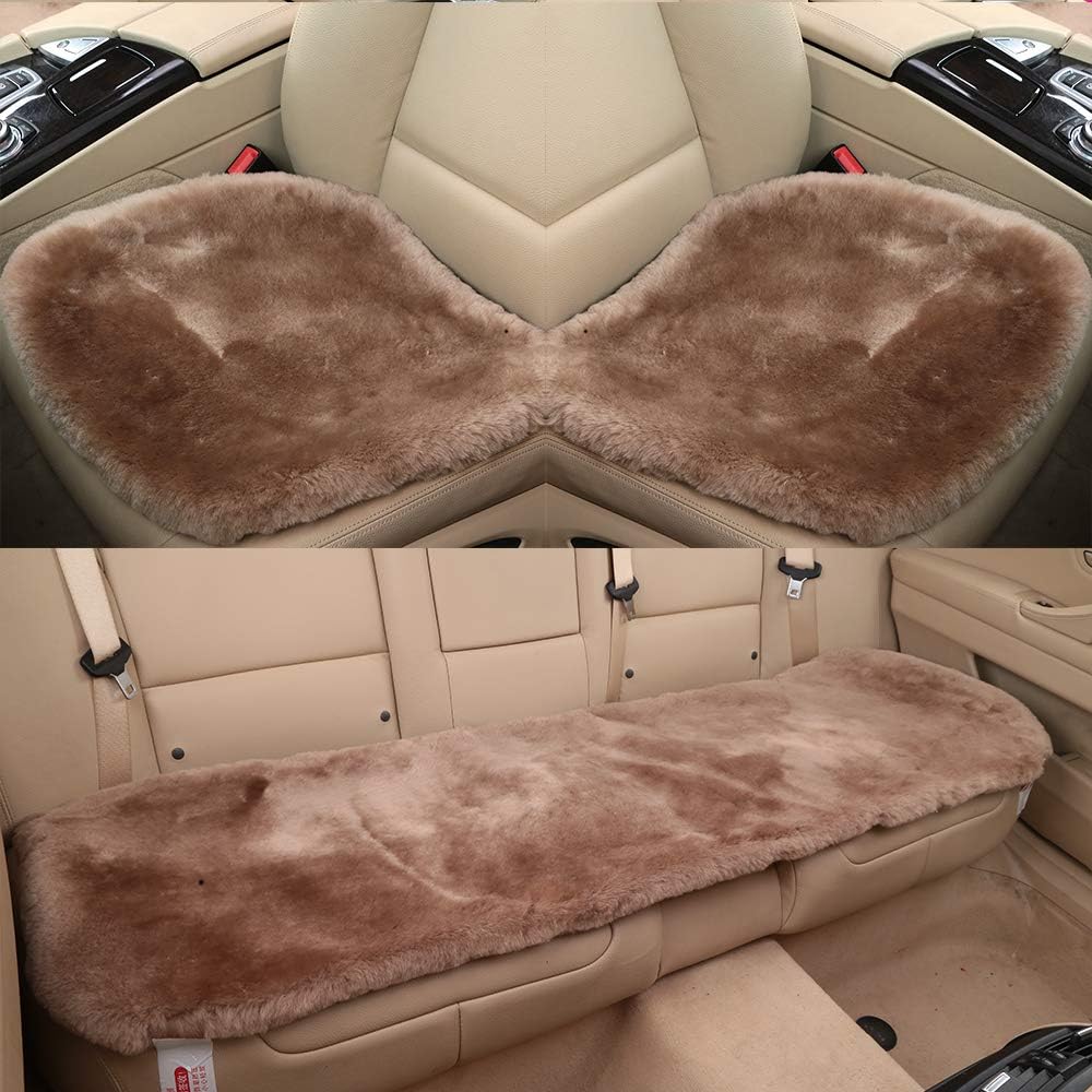 Fluffy Genuine Australia Sheepskin Car Seat Cover for Auto Interior Accessories with Soft Fuzzy Wool Eco-Friendly Natural Fur Non-Slip (Camel, Back)