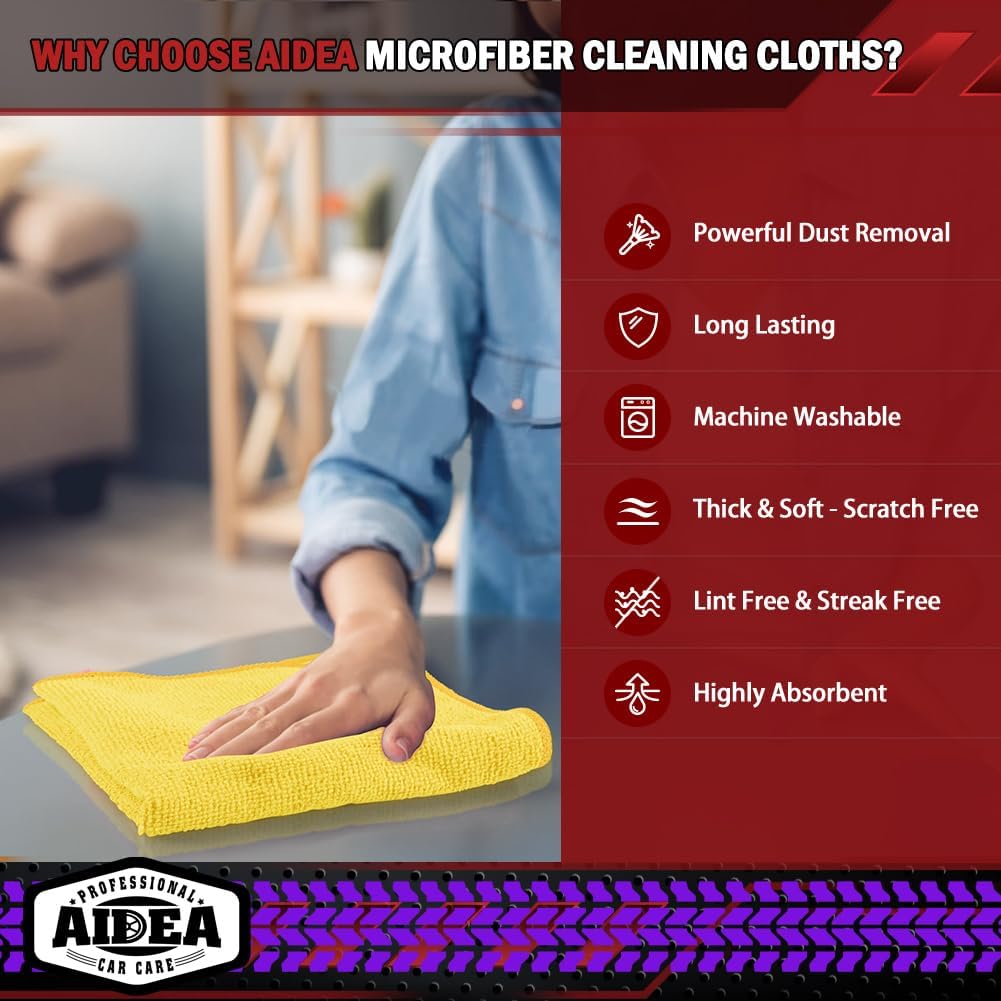 AIDEA Microfiber Cleaning Cloth, 20PK, Microfiber Towels for Cars, Premium All Purpose Car Cloths, Dusting Cloth Cleaning Rags, Absorbent Towels for SUVs, House, Kitchen, Window, 12"×12", Yellow