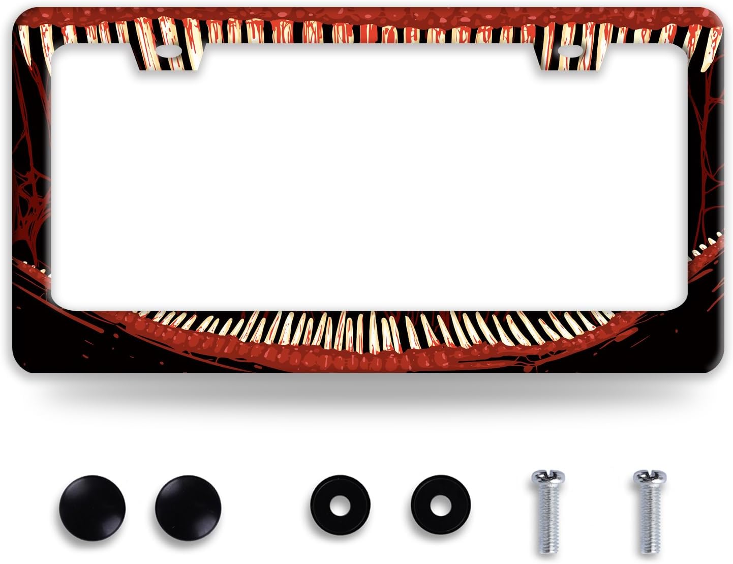 Funny Bloody Teeth License Plate Frame Scary Mouth License Plate Holder Stainless Steel Accessories Cars Decor with 2 Holes and Screws Fits Standard Us Ca Vehicles License Plate Frames 12.2 X 6 Inch