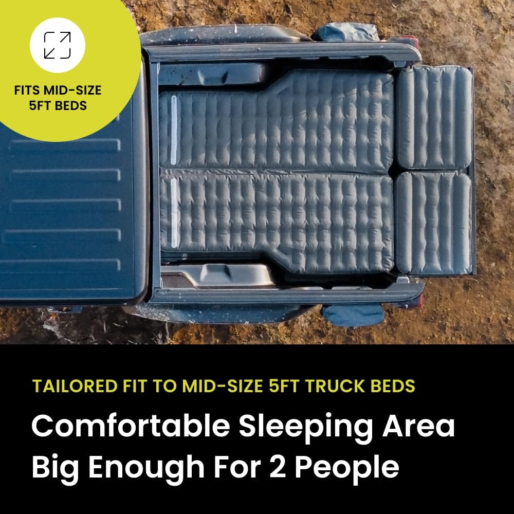 Luno AIR 5ft Truck Bed Mattress Car Camping | Tailored-Fit for Mid-Size Short-Bed Trucks Support | Sleeps 2 People up to 6'7" Tall