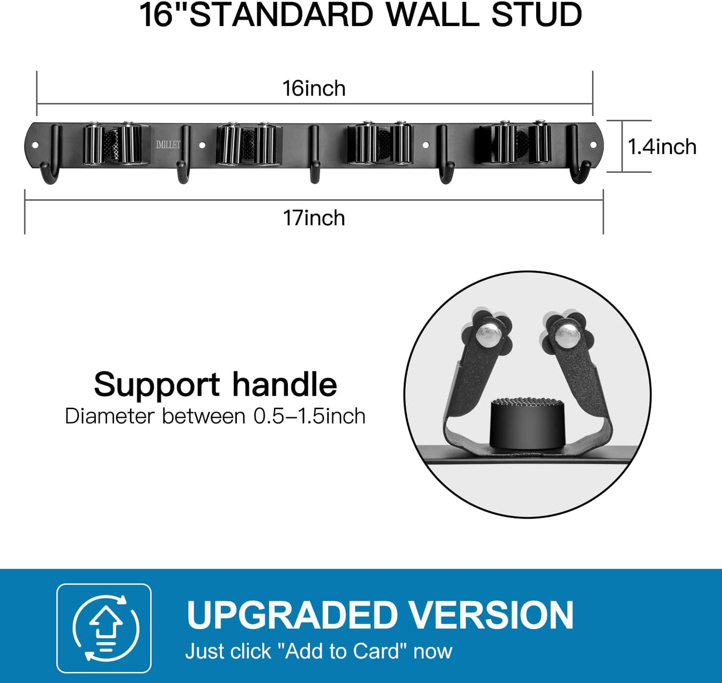 IMILLET Broom and Mop Holder Wall Mounted, Stainless Steel Broom Organizer Heavy Duty Tools Organizer Self Adhesive Mop Holder for Home Laundry Room Garage Garden (4 Racks and 5 Hooks)