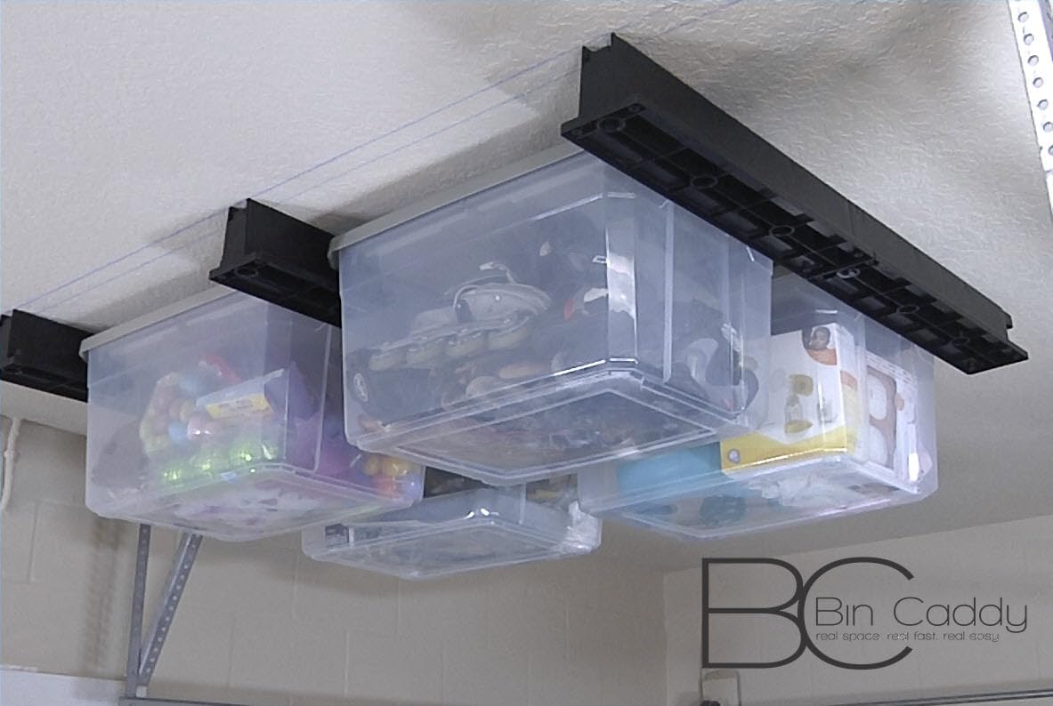 Overhead, Space-Saving Storage Tote Organizational Solution for Garage, Basement, Small Spaces