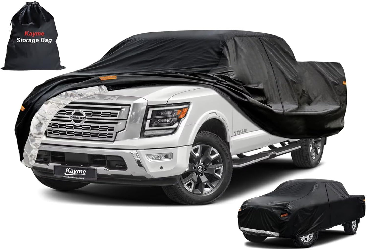 Kayme Truck Cover Custom Fit Nissan Titan(2004-2015) King/Crew Cab Short Bed. Full Exterior Heavy Duty Outdoor Pickup Truck Car Cover Waterproof All Weather.Car Tarp for Wind Sun Dust Protection.Black