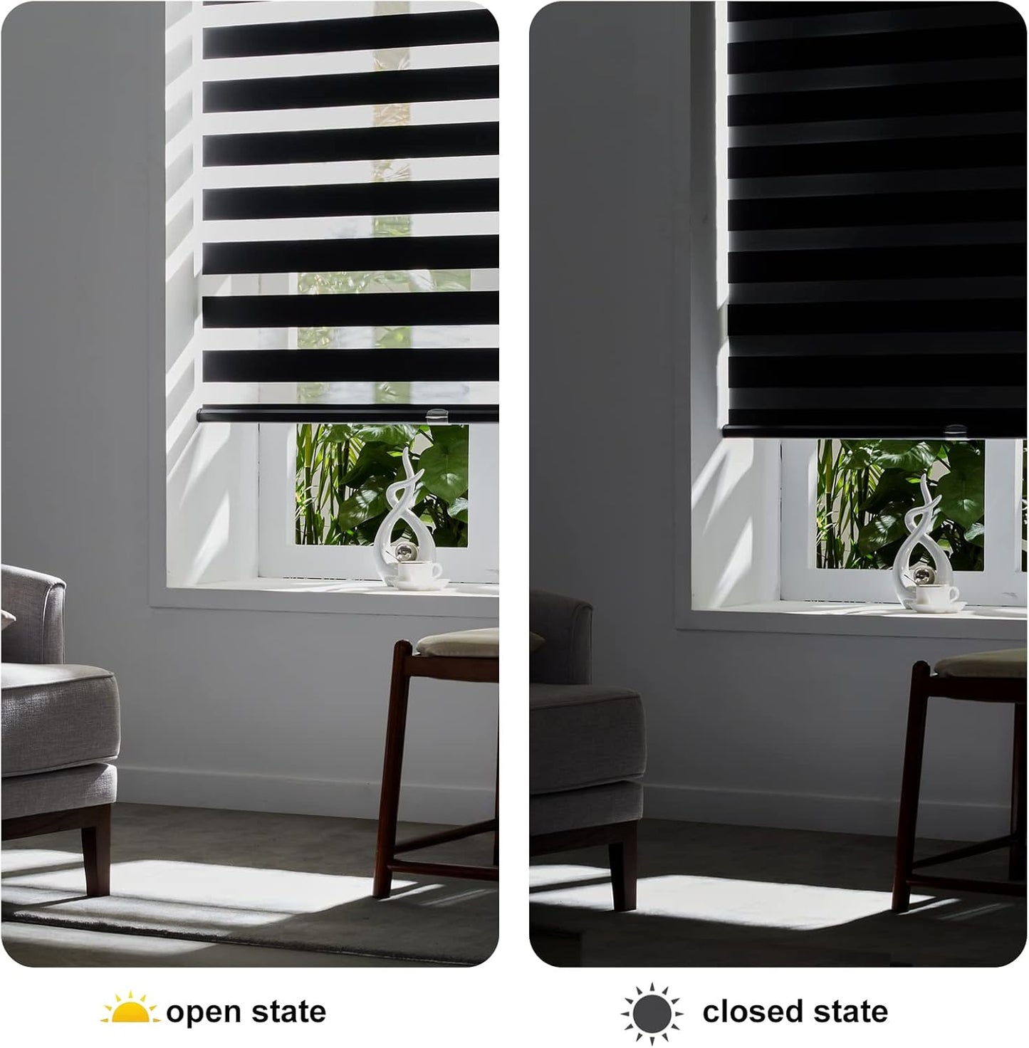 Persilux Cordless Zebra Roller Window Shades Free-Stop Roller Blinds (32" W X 72" H, Black) Light Control for Day and Night, Light Filtering Sheer Roller Shades for Windows, Easy to Install