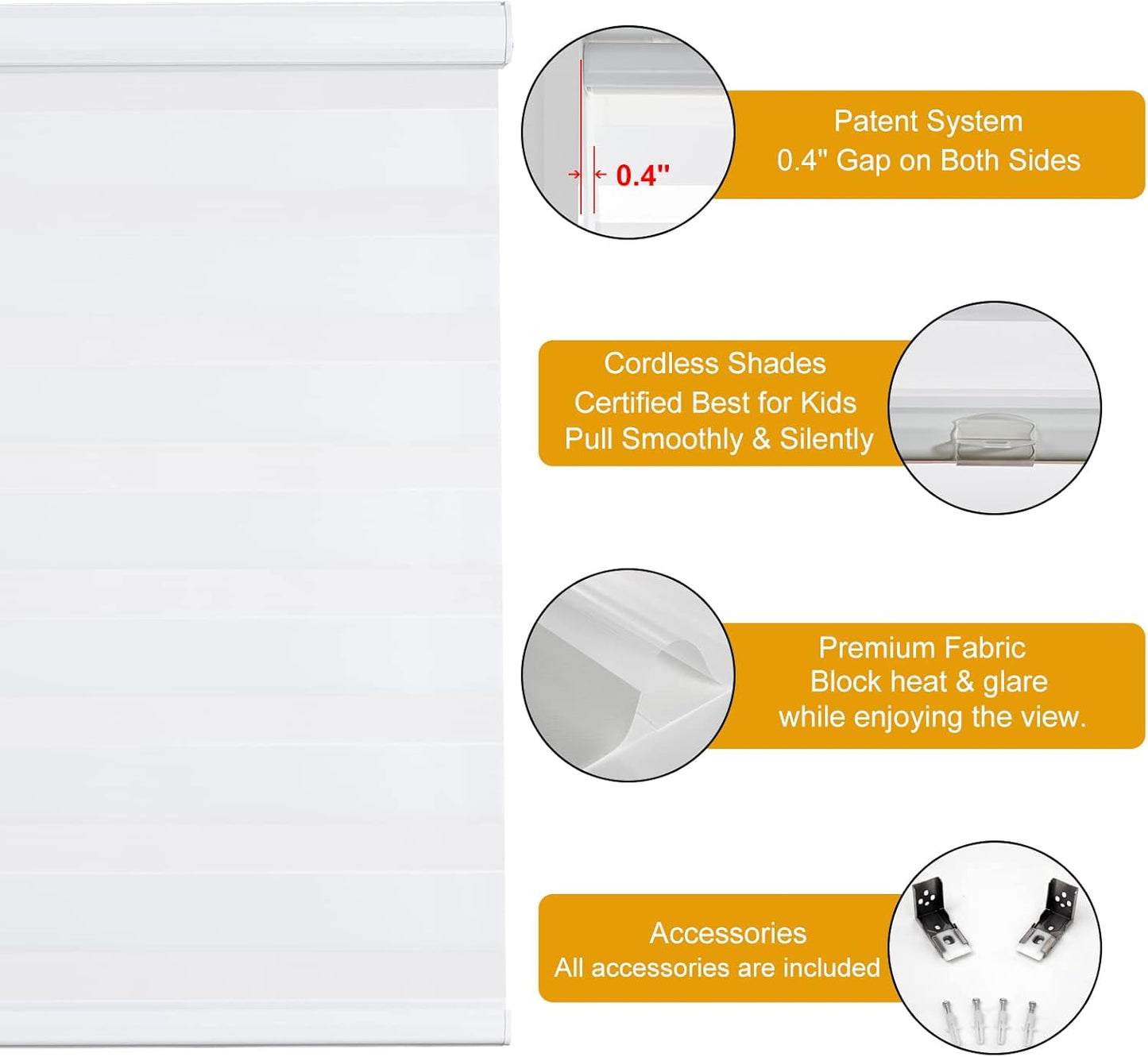Persilux Cordless Zebra Blinds for Windows (58" W X 72" H, White) Free-Stop Roller Windows Shades Dual Layer Light Control for Day and Night, Light Filtering Sheer Shades for Home, Easy to Install