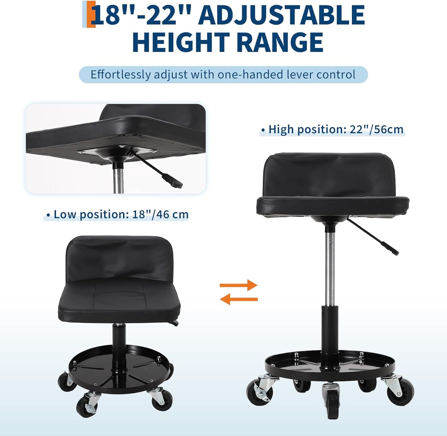 Garage Stool, 16”-21” Adjustable Rolling Mechanic Stool with Universal Wheels, Removable Magnetic Tool Tray, 300LBS Capacity, Roller Creeper Seat, Shop Chair