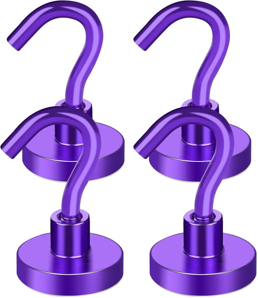 MIKEDE Magnetic Hooks Heavy Duty, 28LB+ Strong Magnets with Hook for Fridge, Neodymium Extra Strength Industrial Hooks for Hanging, Magnetic Hanger for Toolbox, Cruise, Grill (Purple, 4 Pack)