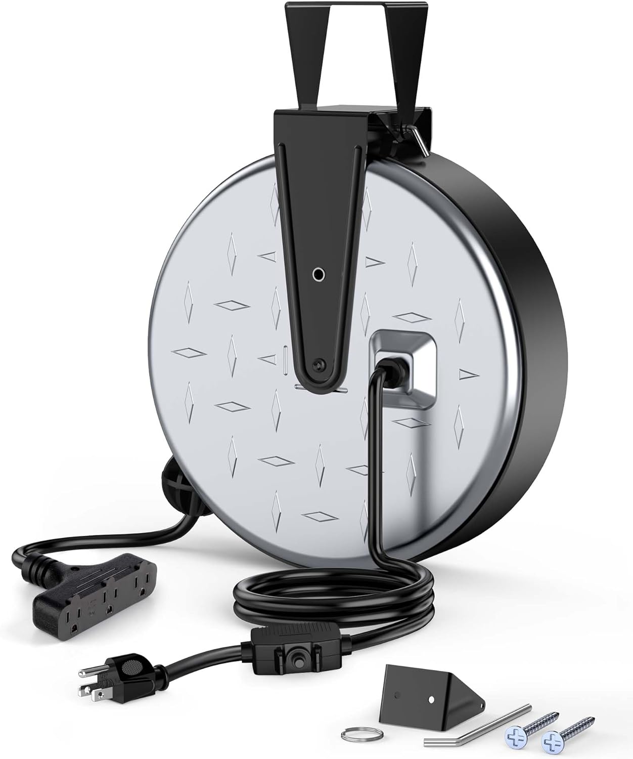 DEWENWILS Metal Extension Cord Reel,30FT Retractable Extension Cord, 16AWG/3C SJTW Power Cord, 3 Electrical Outlets, 10A Circuit Breaker, Wall or Ceiling Mountable for Workshop, Garage, UL Listed