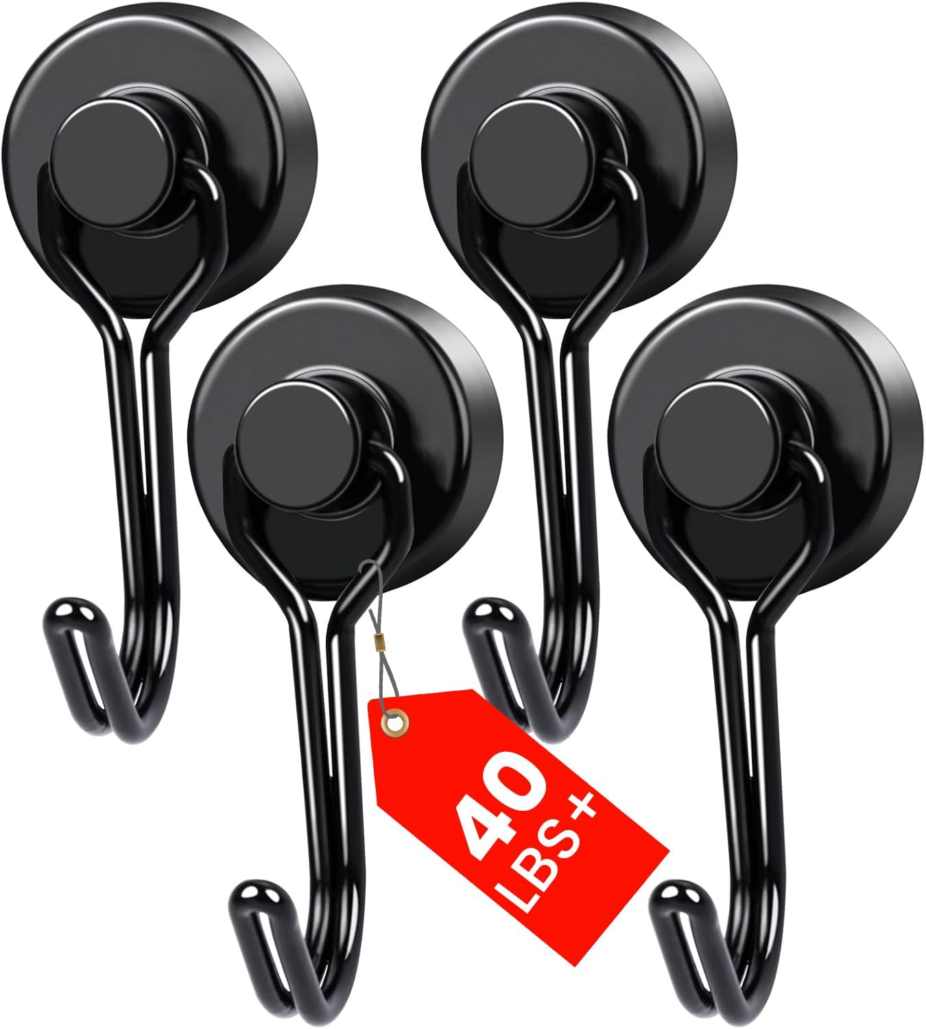 MIKEDE Magnetic Hooks 4 Pack, 40Lbs Heavy Duty Neodymium Magnet Hooks Black Magnetic Swivel Hooks for Hanging, Rust Proof Strong Magnets with Hook Magnetic Metal Hanger for Storage