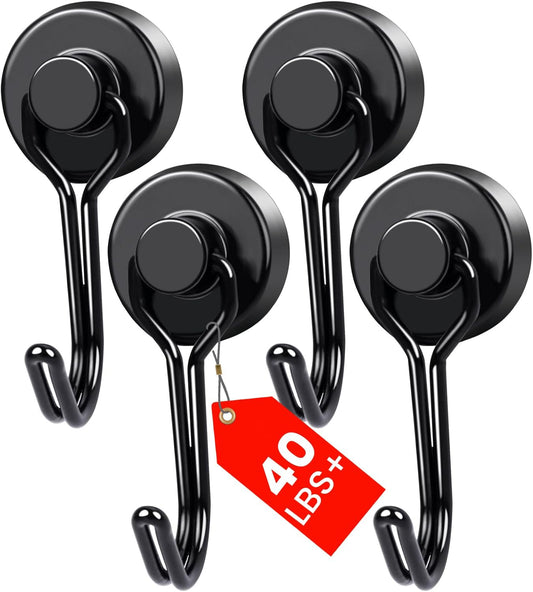 MIKEDE Magnetic Hooks 4 Pack, 40Lbs Heavy Duty Neodymium Magnet Hooks Black Magnetic Swivel Hooks for Hanging, Rust Proof Strong Magnets with Hook Magnetic Metal Hanger for Storage