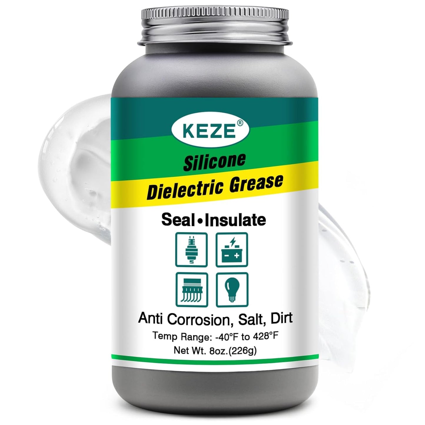 Keze Silicone Dielectric Grease Automotive Die Electric Grease Spark Plug Light Bulb Sockets Battery Terminal Electrical Contact Paste for Marine Against Salt, Dirt Corrosion Brush Top Can, 8 Oz