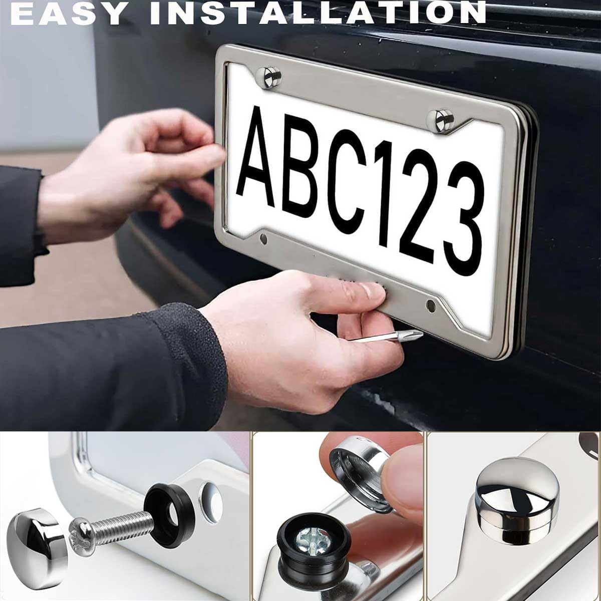 Universal License Plate Frame - Heavy Duty Rustproof Aluminum Matte Black Car Tag Holder Bracket Fits All US States, Easy Install with Screws Included (Faux Abalone-2pc)