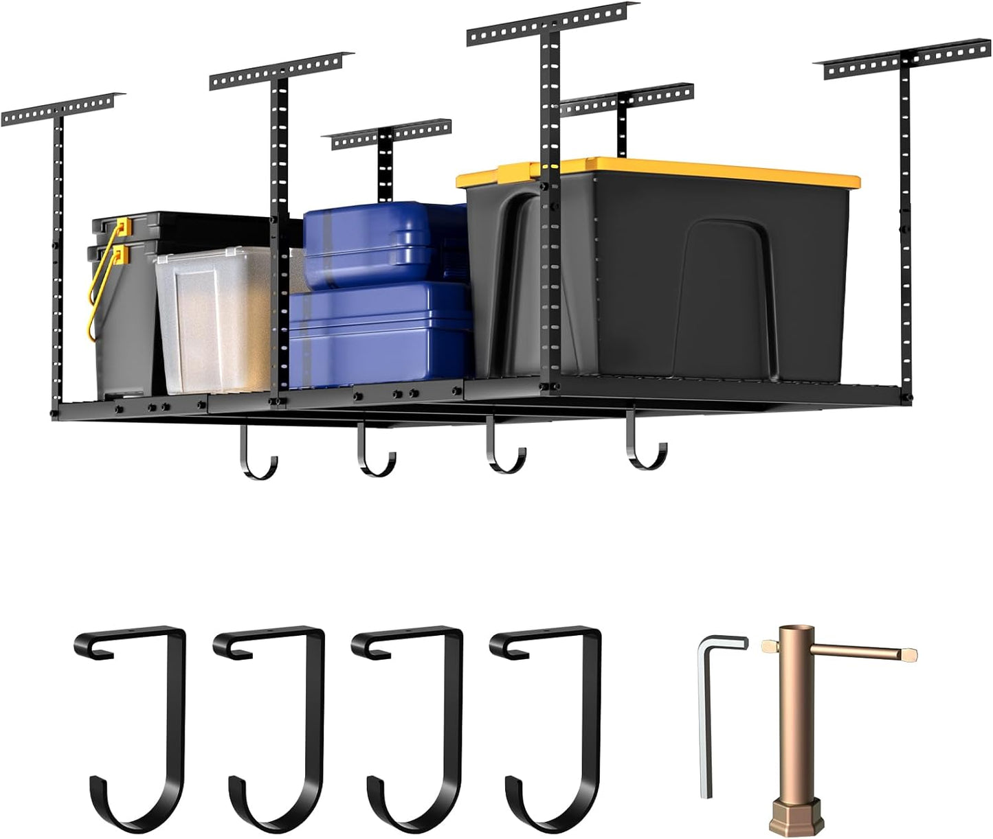 4x8 Overhead Garage Storage Rack with 4 Extra Hooks – Adjustable Heavy-Duty Ceiling Storage System (22"-40"), Holds 600 lbs, 22 lbs per Hook, Steel Hanging Organizer for Tools, Bins & Bikes | Black