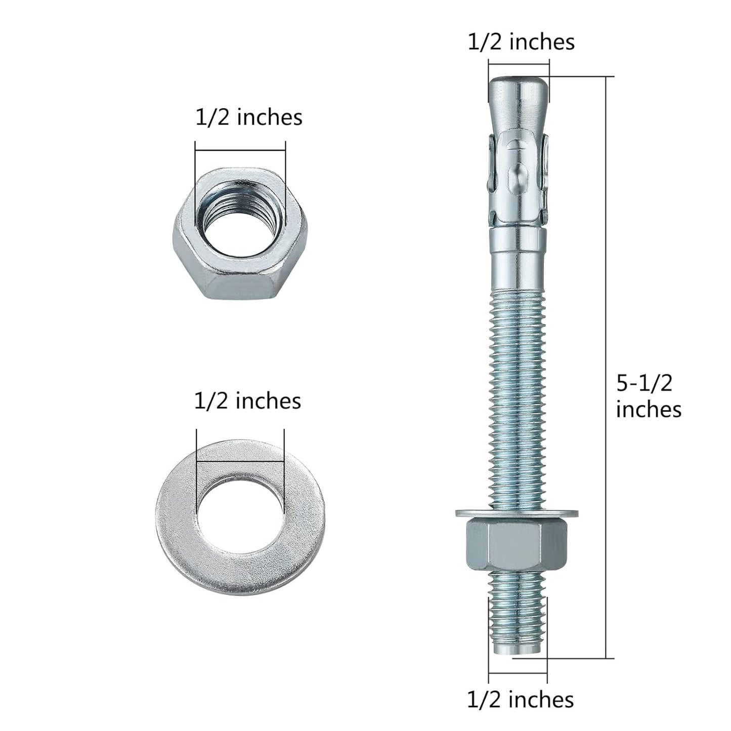 1/2x5-1/2" 10Pcs Inch Standard Fasteners for Heavy-Duty Zinc Wedge Anchors for Cement and Concrete