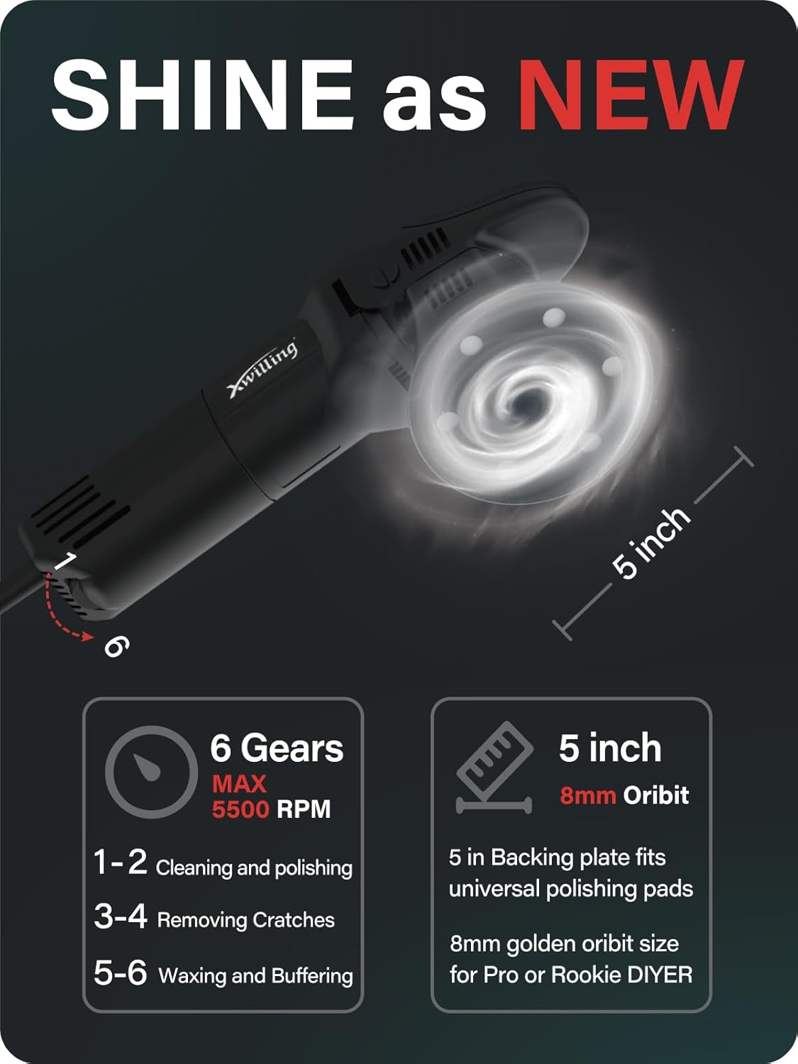 Buffer Polisher, 5-Inch 8MM Dual Action Random Orbital Car Polisher with 6 Variable Speed 1800-5500 RPM, Car Detailing Kit for Car Detailing Polishing and Waxing