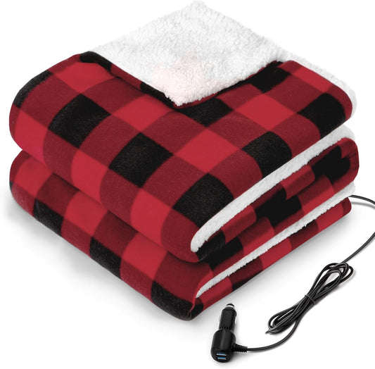 Sealy 12-Volt Heated Car Blanket with 2 Output USB Ports, 3 Heating Levels & 4 Hours Auto Off, Electric Blanket for Car Truck, SUV, RV or Camping, Machine Washable, 59" X 43", Plaid