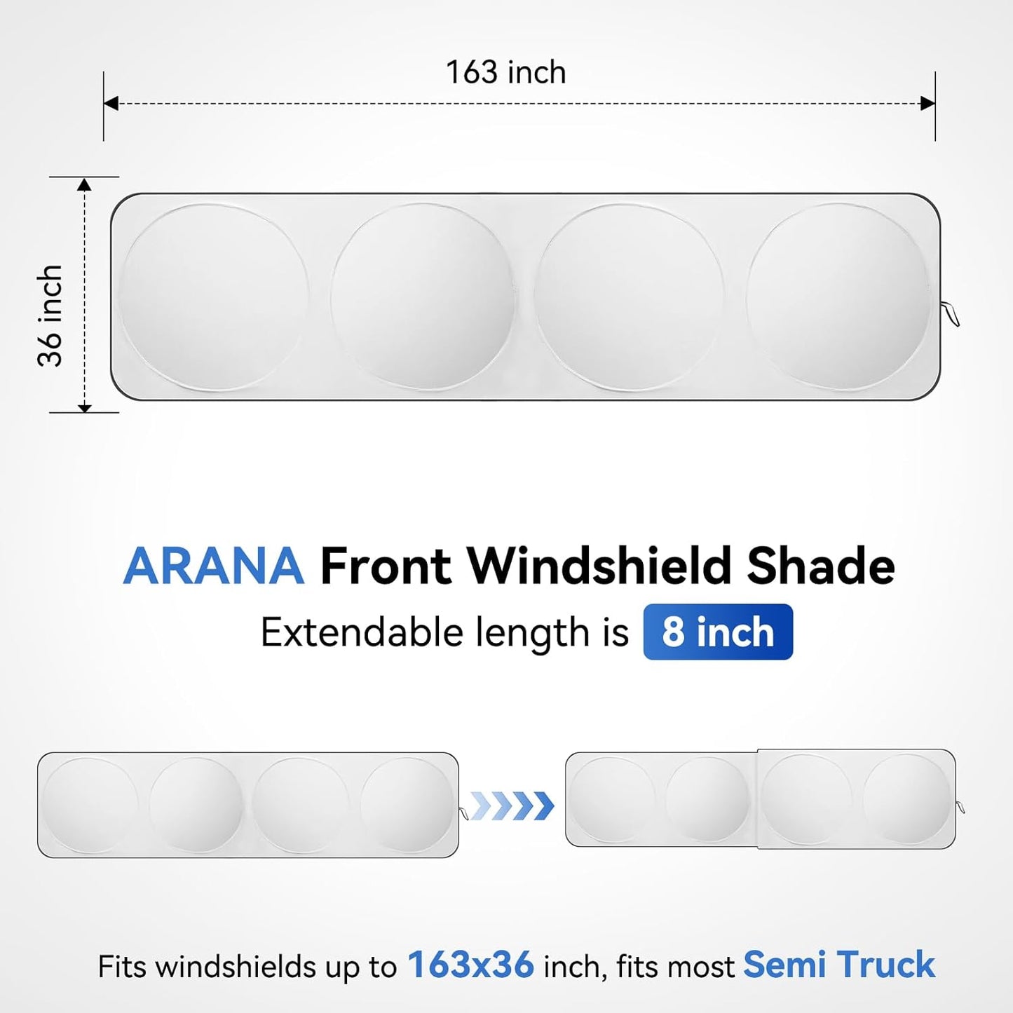 ARANA Semi Truck Sun Shade for Windshield丨240T Thicken Sunshade for Semi-Truck Front and Side Window丨Foldable Windscreen Sun Visor Fit Semi, Commercial, Big Rig Trucks, RV丨163 x36