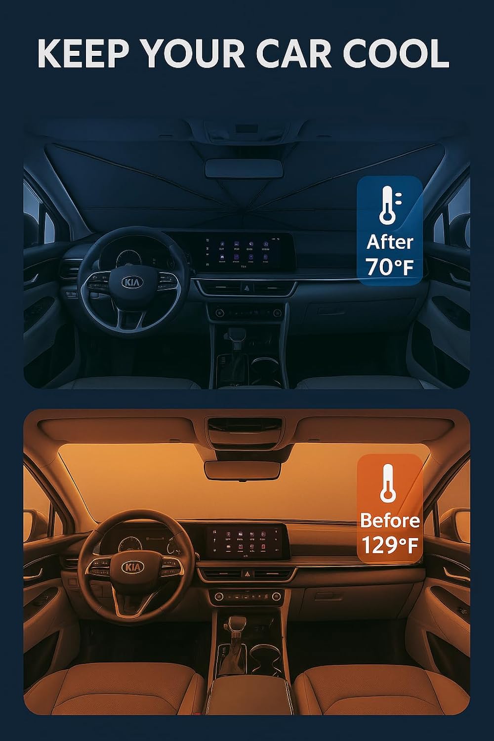 Proadsy Windshield Sun Shade Umbrella for Kia Sportage 2023-2025 2026 Foldable Car Umbrella Sunshade with Soft TPU Handle Spring Structure Crystal Cooling Material Protect Car from Rays & Heat