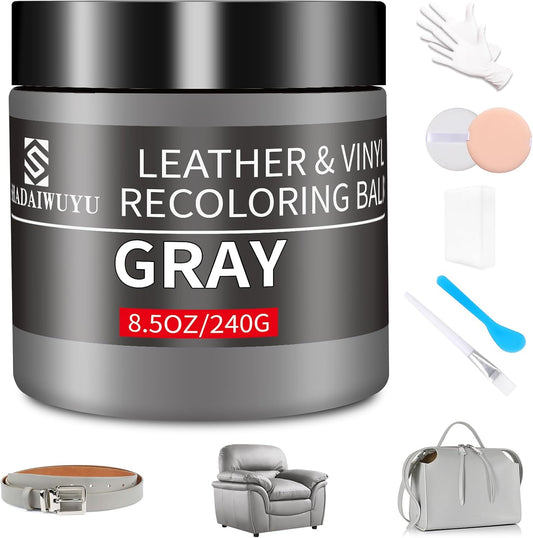 Leather Recoloring Balm,8.5oz Leather Color Restorer,Gray Leather Repair kit for Furniture and Car Interior,Leather Couch Scratch Repair,Leather Dye Paint for Faded,Cracked and Damaged Leather