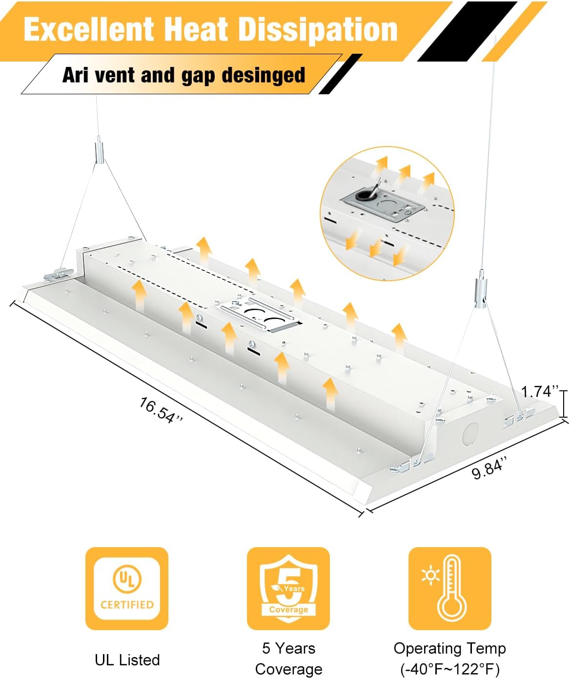 LED Linear High Bay Light, 130W 19500LM High Bay LED Shop Lights, 120-277V, 5000K, 0-10V Dimmable LED Shop Light, Linear High Bay Light for Warehouse Workshops, UL Complied.