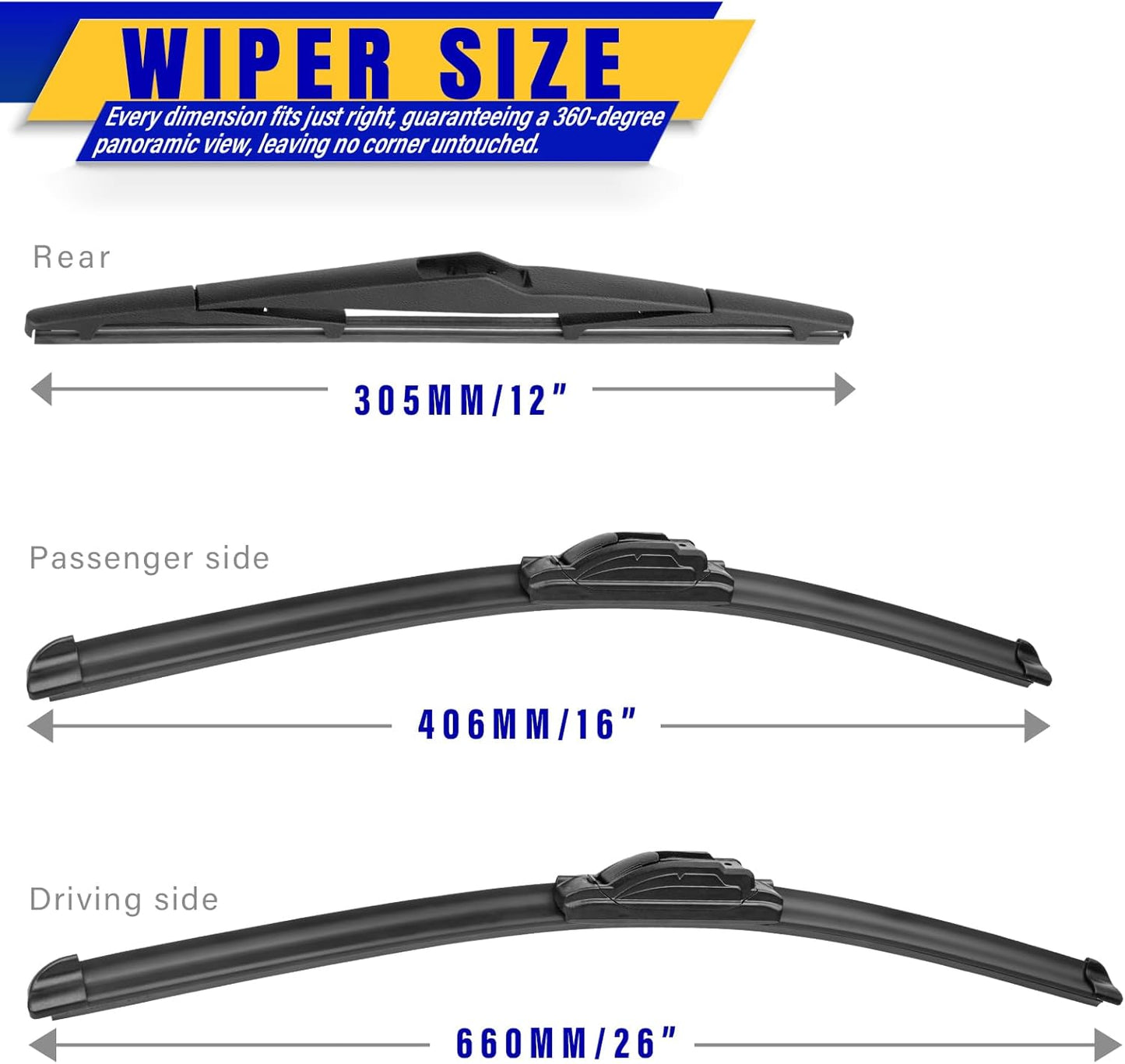 3 wipers Replacement for 2010-2015 Hyundai Tucson, Windshield Wiper Blades Original Equipment Replacement - 26"/16"/12" (Set of 3) U/J HOOK