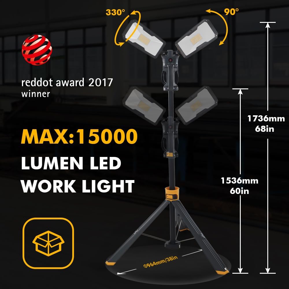 LUTEC 【Upgraded】 6290Max 15000 Lumen 138W Dimmable LED Work Light with Telescoping Tripod, Adjustable Color Temperature Dual-Head Work Light with Stand and 8 Ft 3-Prong Power Cord