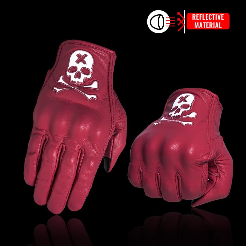 Goatskin Leather Motorcycle Motorbike Powersports Racing Gloves Reflective Skull Touchscreen for Men and Women Model