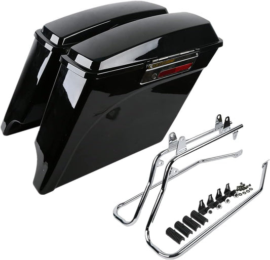 XFMT 5" Vivid Black Stretched Extended Hard Saddlebags W/Chrome Conversion Brackets Harley Softail Heritage Deluxe 1984-2017