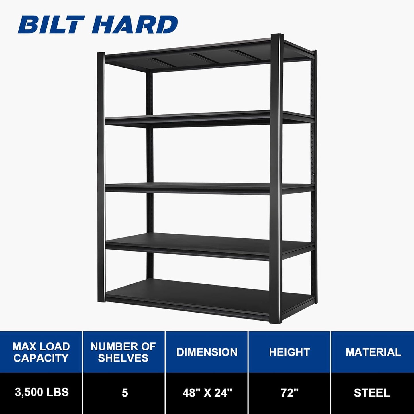 BILT HARD 3500 LBS 48" W x 24" D x 72" H Metal Garage Shelving Unit, 5-Tier Industrial Heavy Duty Storage Shelves, Steel Shelving with Adjustable Rack, Ideal for Garage, Black