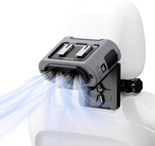 Socool Portable Car Fan - 14500mAh Rechargeable Battery Opearated, Clip on Car Seat Headrest 360 Rotatable, 5-Speed Backseat Fans for Baby Rear Facing Cooling with Dual Air Outlets for SUV RV Truck