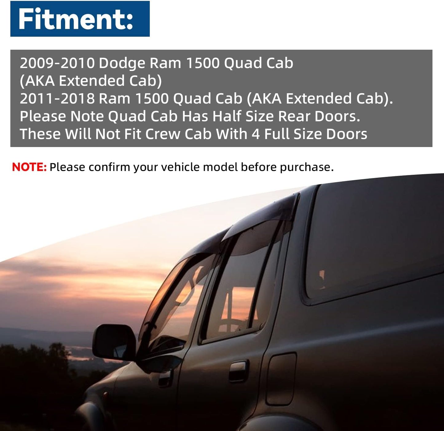 Set of 4 Front+Rear Smoke Sun/Rain Guard Outside Mount Tape-On Acrylic Window Visors Compatible with 09-18 Ram 1500 Quad/Extended Cab with Half Size Rear Doors + Full Size Front Doors