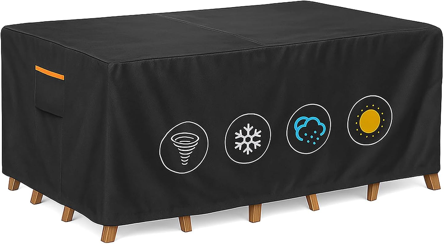 Outdoor Waterproof Furniture Cover, 126W x 74L x 28H inches Heavy Duty 600D Rectangular Table and Chair Set Protection, Black