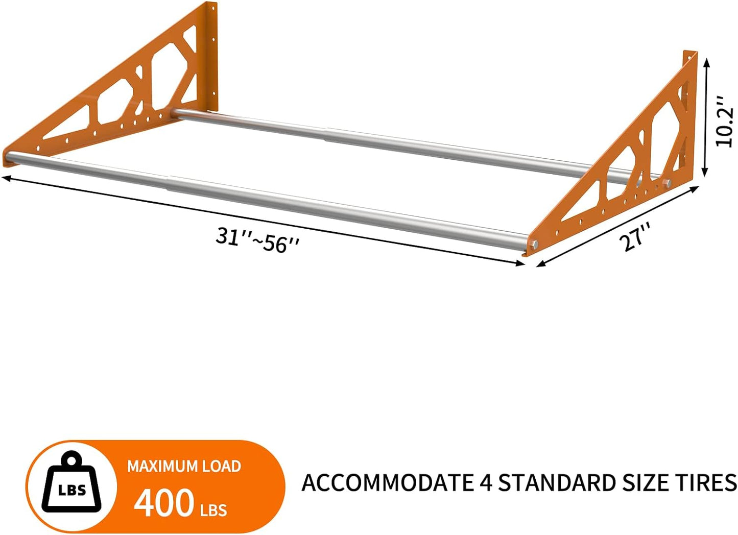 Tire Rack Wall Mount Adjustable 31"-56" Tire Storage Rack Wall Mount Wheel Rack with Heavy Duty Telescopic RodsSteel 400 Pound Weight Capacity (Orange)