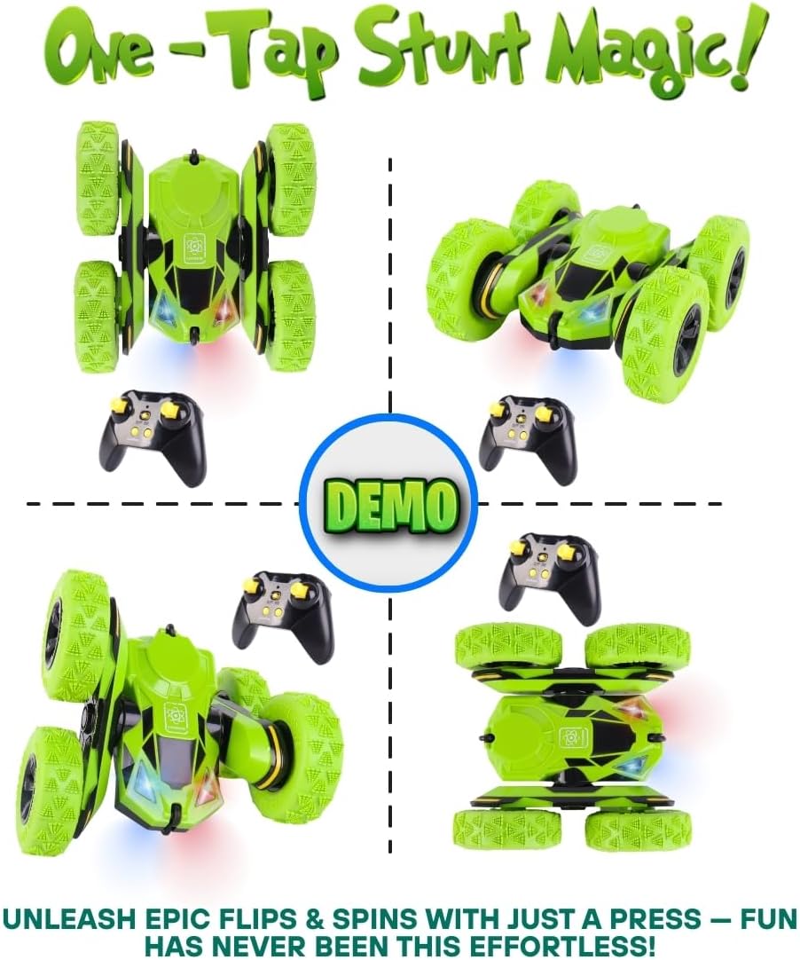 RC Stunt Car, Remote Control Double-Sided Driving 360° Flips & Rotations, Rechargeable Lithium Batteries, Color-Changing Lights, for Kids Ages 6-12, Green