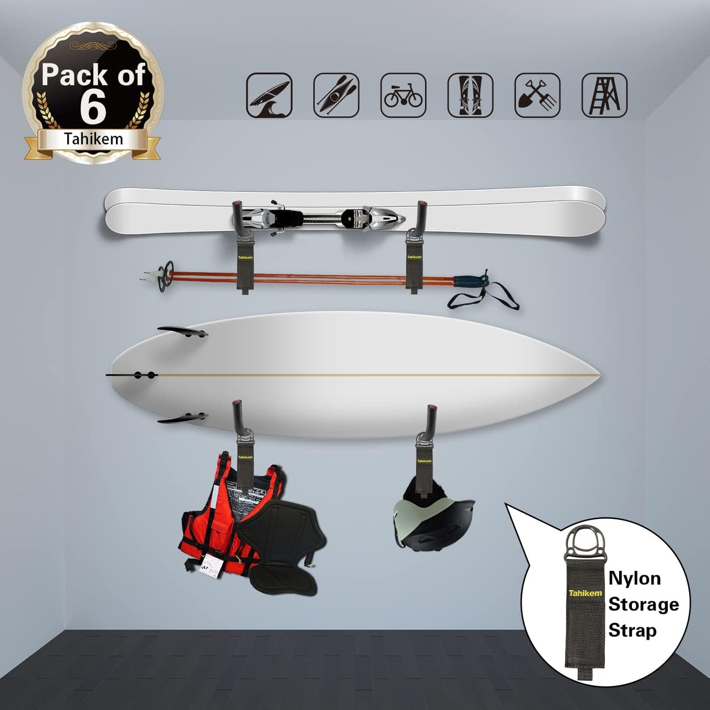 6 Set Garage Hooks - Wall Mounted, Heavy Duty, 7 Inch Large, Extension Cord Hanger, J Hooks for Ladder, Mowers, Cable Bracket - Black