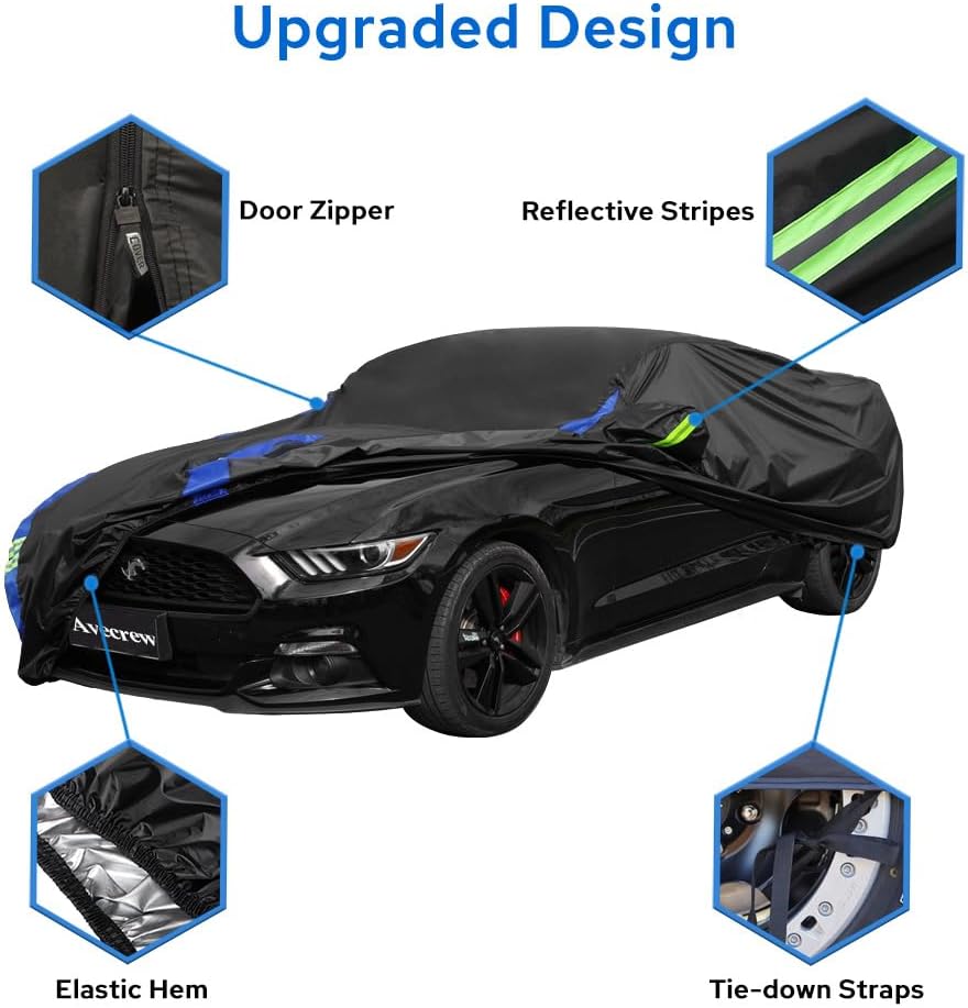 Avecrew for Ford Mustang Car Cover Waterproof All Weather for Automobiles, Outdoor Full Exterior Covers Fit Sedan Ford Mustang with Windproof Strap