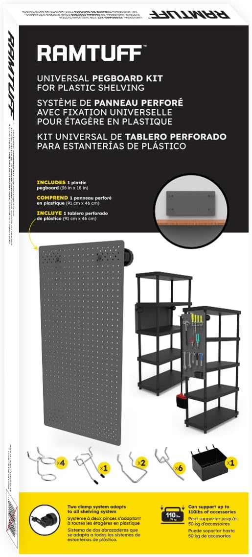 Ramtuff Universal PegBoard Kit for Plastic Shelving- Garage Storage Organizer with 14 Pegboard Accessories - Easy to Install